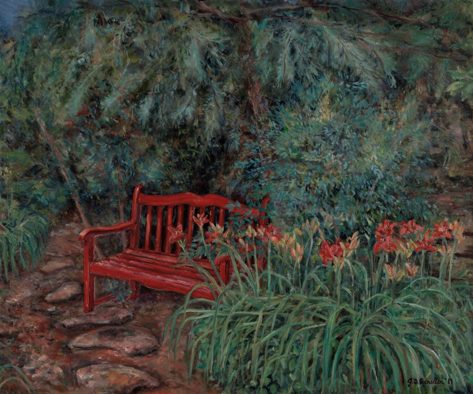 "The Red Bench," Oil on canvas.   Inspired from a daylily garden club tour in Oklahoma.   